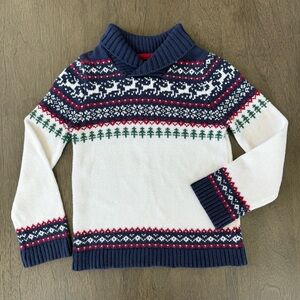 Tommy Bahama Shawl Collar Faire Isle Holiday Reindeer Sweater White Blue Sz XS 4